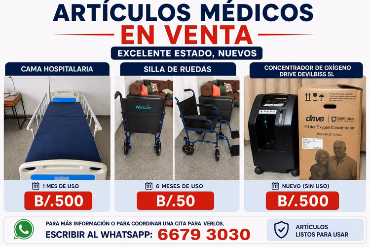 Cama hospitalaria, silla de ruedas y concentrador de oxígeno