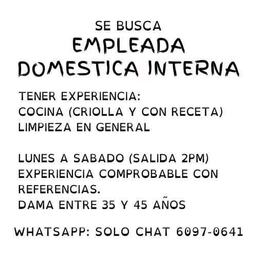 Se necesita Empleada doméstica Interna con Experiencia cocinando