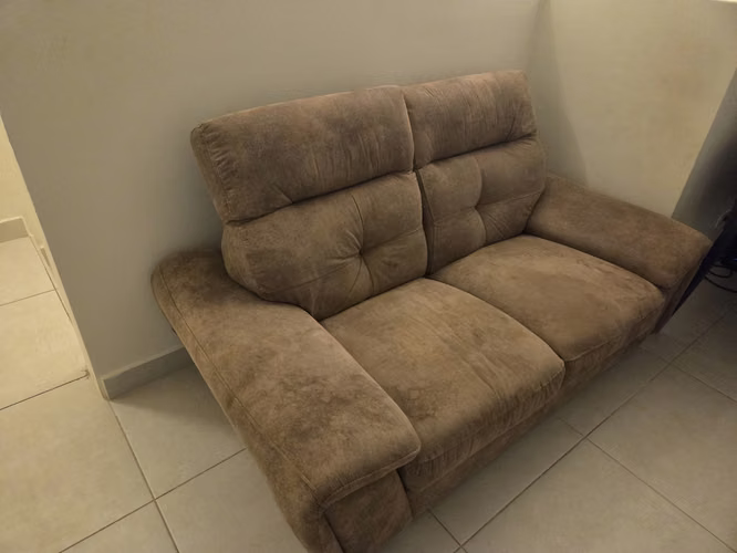 Computer desk, computer screen, cannon printer, two seater sofa