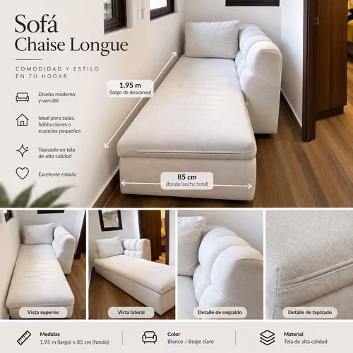 Sofá Chaise Longue Moderno Blanco/Beige – 1.95m