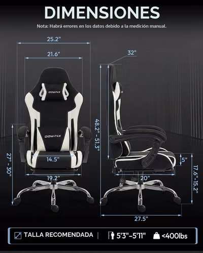 Silla ergonómica tipo gaming/oficina (Dowinx) con reposapiés y lumbar de masaje (Sin uso / como nueva) - Imagen 6