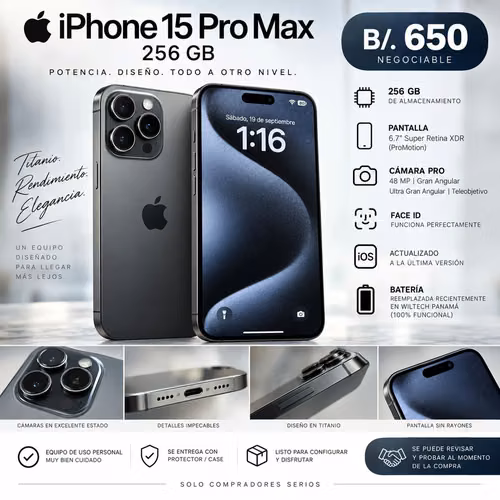 iPhone 15 Pro Max 256GB – Excelente Estado – B/.650