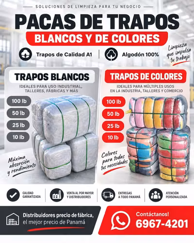 Trapos Panamá, S.A. vende Pacas de Trapos de Colores y Blancos