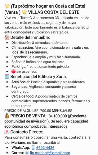 Tu próximo hogar en Costa del Este! (Venta) VILLAS COSTA DEL ESTE