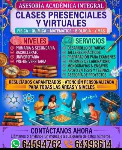 Tutoría y trabajos presenciales y virtuales de física, química y matemáticas 