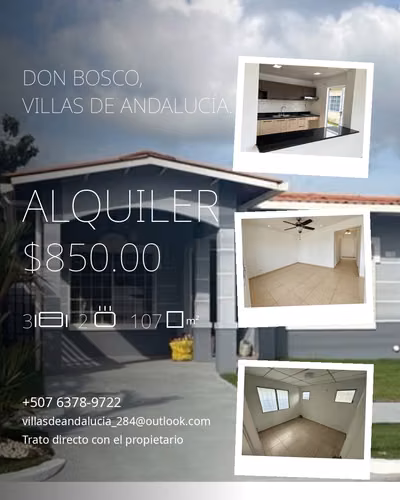 Casa 1 planta, 3 recámaras, Villas de Andalucía, Don Bosco, zona Versalles – Alquiler, opción a compra o venta