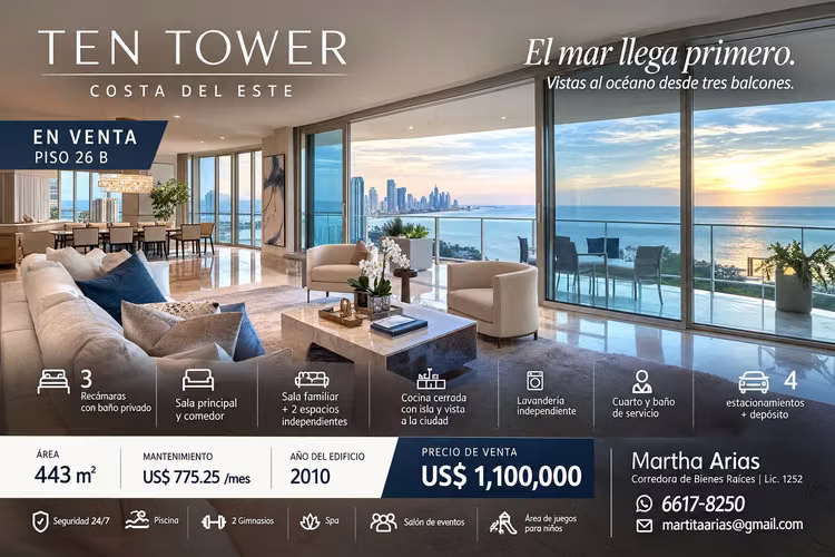 se vende apartamento en COSTA DEL ESTE, TEN TOWER primera linea frente al mar - Imagen 1