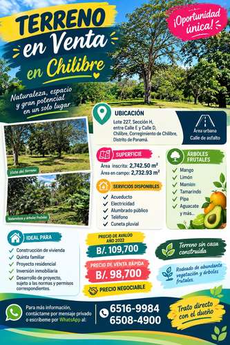 Se vende terreno Titulado en Chilibre - Panama. Trato directo con el propietario.