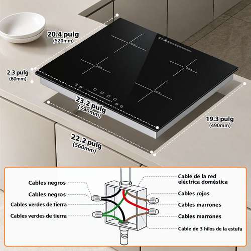 Estufa de Inducción 4 Fogones 220V Empotrable + Sobremesa 7000W 9 Niveles – Timer y Bloqueo
