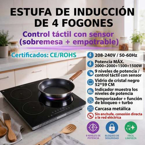 Estufa de Inducción 4 Fogones 220V Empotrable + Sobremesa 7000W 9 Niveles – Timer y Bloqueo