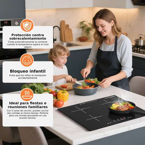 Estufa de Inducción 4 Fogones 220V Empotrable + Sobremesa 7000W 9 Niveles – Timer y Bloqueo