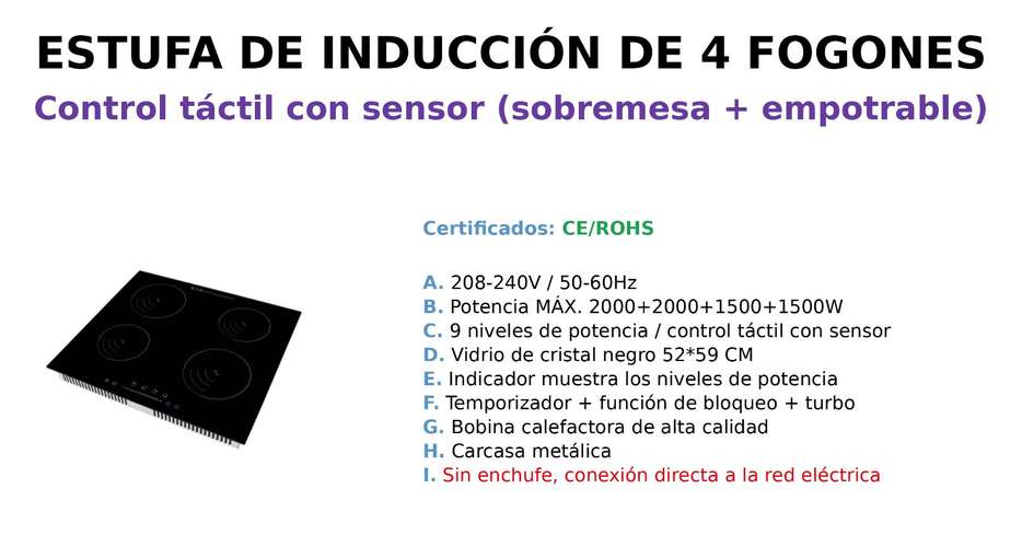 Estufa de Inducción 4 Fogones 220V Empotrable + Sobremesa 7000W 9 Niveles – Timer y Bloqueo