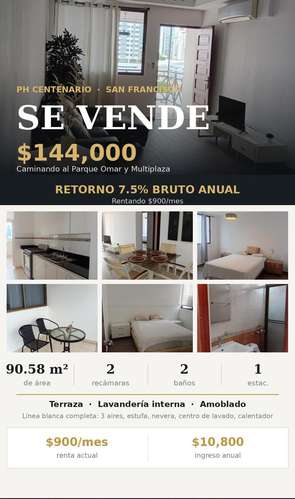 Centenario Plaza. 90mts 2r 2b amoblado $144,000.00