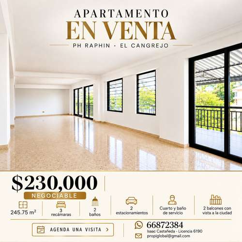 VENTA DE APARTAMENTO EN PH RAPHIN – EL CANGREJO | 245 m²