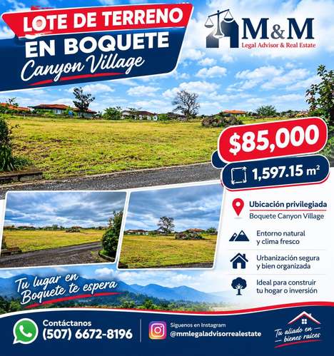 Lote titulado con vistas a las montañas en Boquete Canyon Village