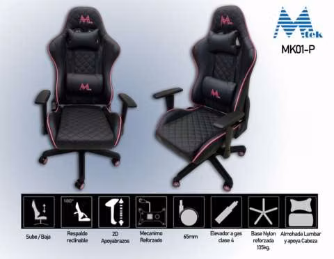 Silla Gamer Mtek MK01 Negro / Rosa - Imagen 2