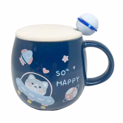 Taza cerámica con tapa y cuchara 380ml 9x9cm