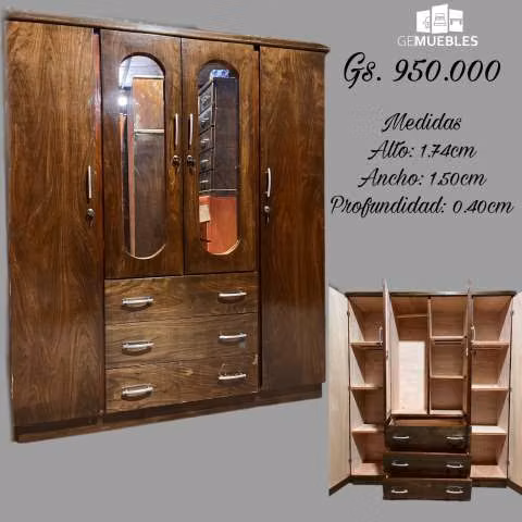 Ropero enchapado de 4 puertas con doble espejo