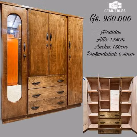 Ropero enchapado de 4 puertas con espejo largo