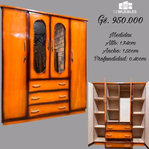 Ropero enchapado de 4 puertas sombreado con espejo doble