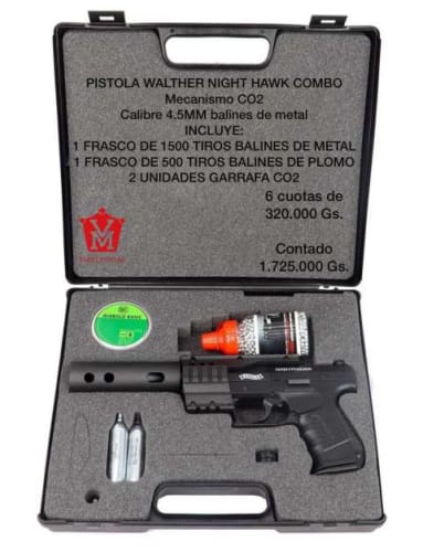 Pistola Walther Night Hawk combo mecanismo CO2 balines de metal 4.5mm