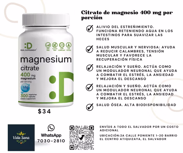 Citrato de magnesio 400 mg por porción, 300 cápsulas vegetales