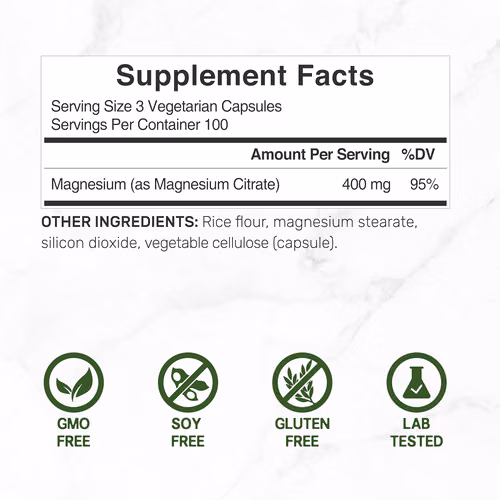 Citrato de magnesio 400 mg por porción, 300 cápsulas vegetales - Imagen 4