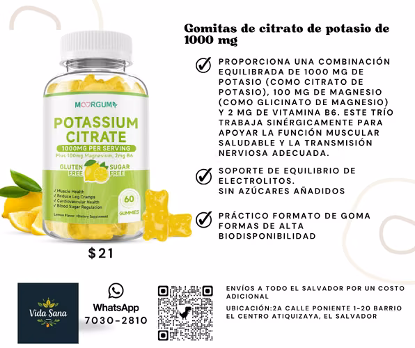 Gomitas de citrato de potasio de 1000 mg, suplemento de potasio para adultos, mujeres y hombres, con magnesio, suplementos masticables de vitamina B6