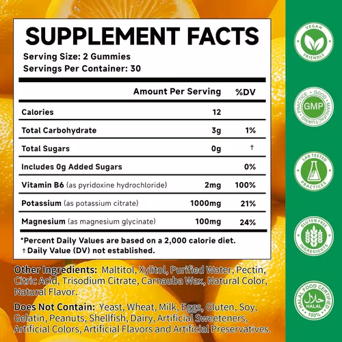 Gomitas de citrato de potasio de 1000 mg, suplemento de potasio para adultos, mujeres y hombres, con magnesio, suplementos masticables de vitamina B6 - Imagen 2