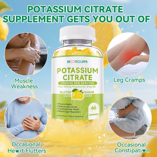 Gomitas de citrato de potasio de 1000 mg, suplemento de potasio para adultos, mujeres y hombres, con magnesio, suplementos masticables de vitamina B6 - Imagen 4