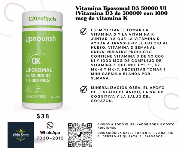 Vitamina liposomal D3 50000 UI (Vitamina D3 de 50000) con 1000 mcg de vitamina K
