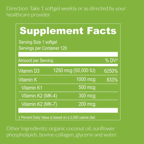 Vitamina liposomal D3 50000 UI (Vitamina D3 de 50000) con 1000 mcg de vitamina K