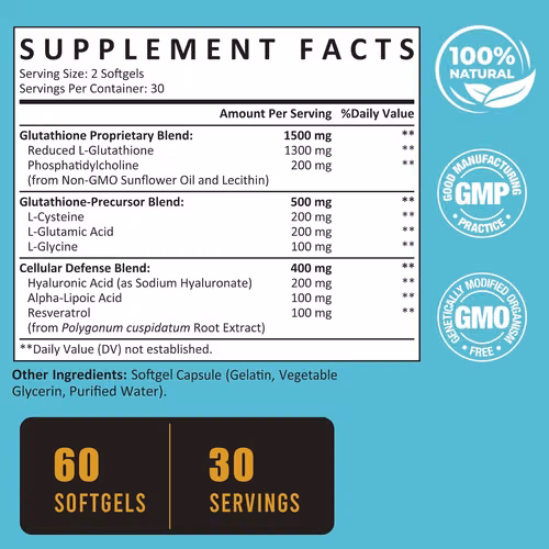 glutatión liposomal de 2400 MG, absorción máxima, forma activa reducida de L-glutatión (GSH), con ácido hialurónico, resveratrol