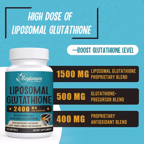 glutatión liposomal de 2400 MG, absorción máxima, forma activa reducida de L-glutatión (GSH), con ácido hialurónico, resveratrol