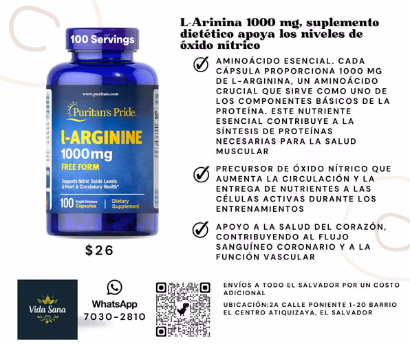 L-Arinina 1000 mg, suplemento dietético apoya los niveles de óxido nítrico y salud cardíaca y circulatoria