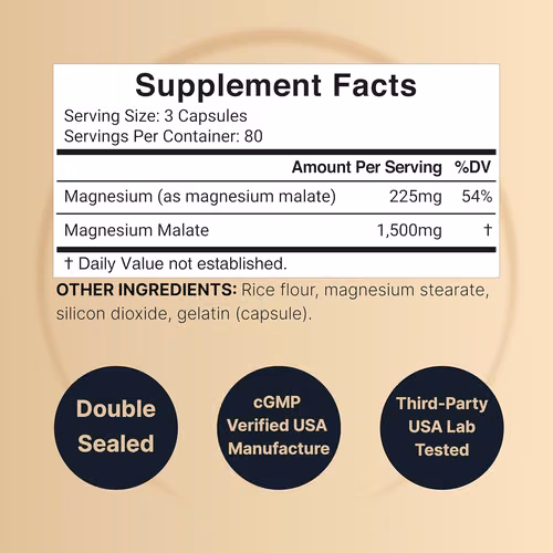 Malato de magnesio 1500 mg por porción, 240 cápsulas, quelado para una alta absorción