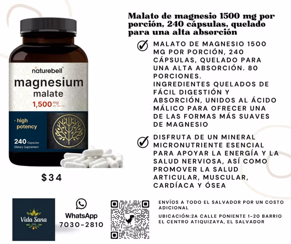 Malato de magnesio 1500 mg por porción, 240 cápsulas, quelado para una alta absorción