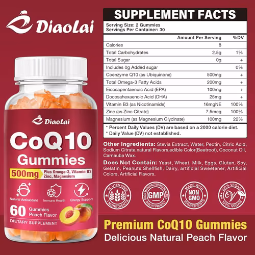 Gomitas CoQ10 – 500 mg por porción con omega-3 (EPA y DHA), B3 y zinc