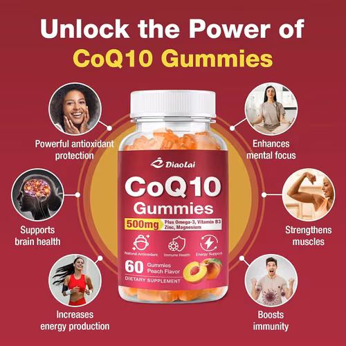 Gomitas CoQ10 – 500 mg por porción con omega-3 (EPA y DHA), B3 y zinc