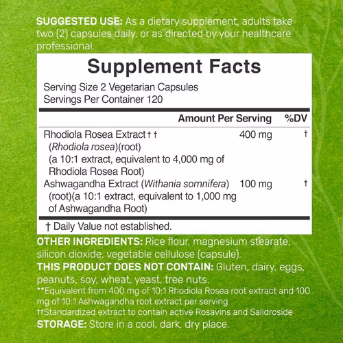 Rhodiola Rosea 4,000 mg equivalente a hierbas, mejorado con 1,000 mg de Ashwagandha