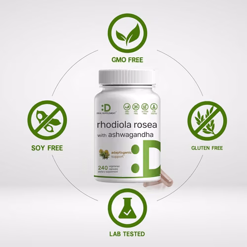 Rhodiola Rosea 4,000 mg equivalente a hierbas, mejorado con 1,000 mg de Ashwagandha