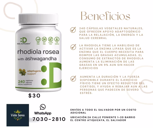Rhodiola Rosea 4,000 mg equivalente a hierbas, mejorado con 1,000 mg de Ashwagandha