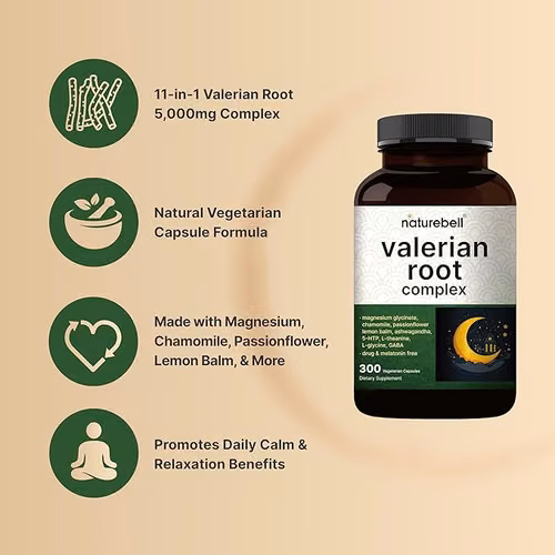 Raíz de valeriana para dormir, 300 cápsulas vegetales con glicinato de magnesio, manzanilla, pasiflora, bálsamo de limón, ashwagandha y más - Imagen 3