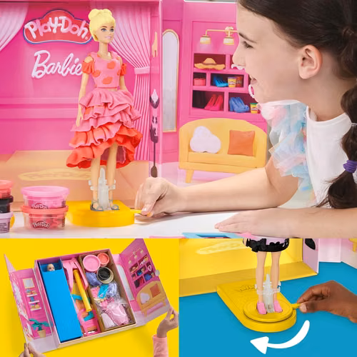 Play-Doh Barbie (Incluye Barbie) Desfile de moda de diseñador, con 21 accesorios.