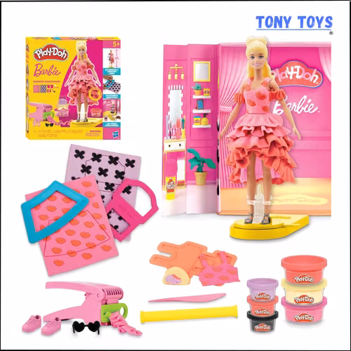 Play-Doh Barbie (Incluye Barbie) Desfile de moda de diseñador, con 21 accesorios.