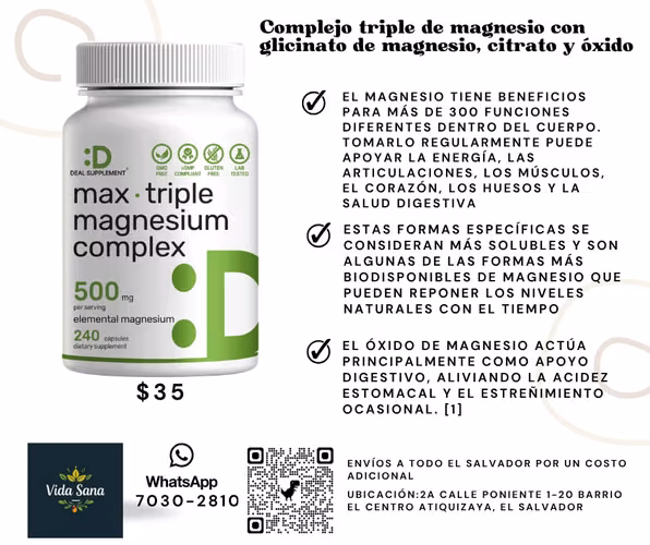 Complejo de magnesio 1,000 mg, 240 cápsulas – Complejo triple de magnesio con glicinato de magnesio, citrato y óxido