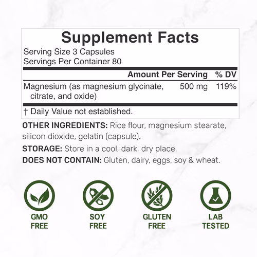 Complejo de magnesio 1,000 mg, 240 cápsulas – Complejo triple de magnesio con glicinato de magnesio, citrato y óxido