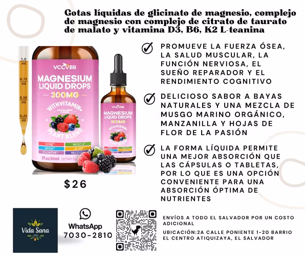 Gotas líquidas de glicinato de magnesio, complejo de magnesio con complejo de citrato de taurato de malato y vitamina D3, B6, K2 L-teanina