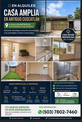  Casa Amplia en Antiguo Cuscatlán | 5 Habitaciones | Ideal para Oficina o Familia