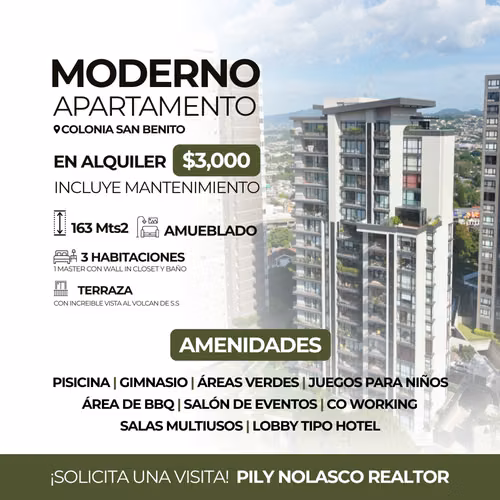 Exclusivo apartamento amueblado en Casa 5 Colonia San Benito en alquiler